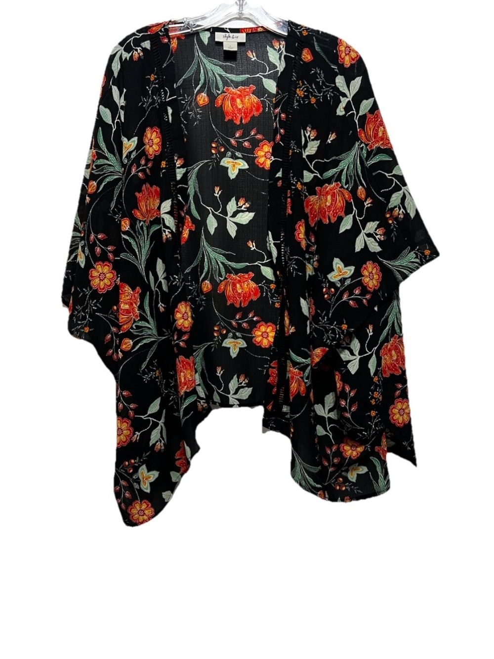 Style & Co. Black Floral Open-Front Kimono with Red and Orange Blooms